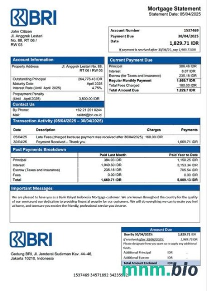 Indonezja Bank Rakyat Indonesia (BRI) wyciąg z kredytu hipotecznego szablon Word i PDF